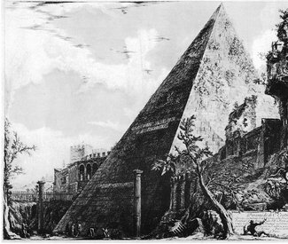 Giovanni Battista Piranesi, Cestius pyramid, Rom, etsning 1700-tal, Giovanni Battista Piranesi, Public domain, via Wikimedia Commons, https://upload.wikimedia.org/wikipedia/commons/3/3d/PiranesiPyramid.jpg, https://commons.wikimedia.org/wiki/File:PiranesiPyramid.jpg